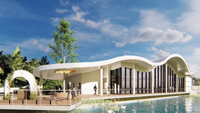 Amouria Events (Iași): clădirea cu acoperiș ondulat și piscina din fața ei