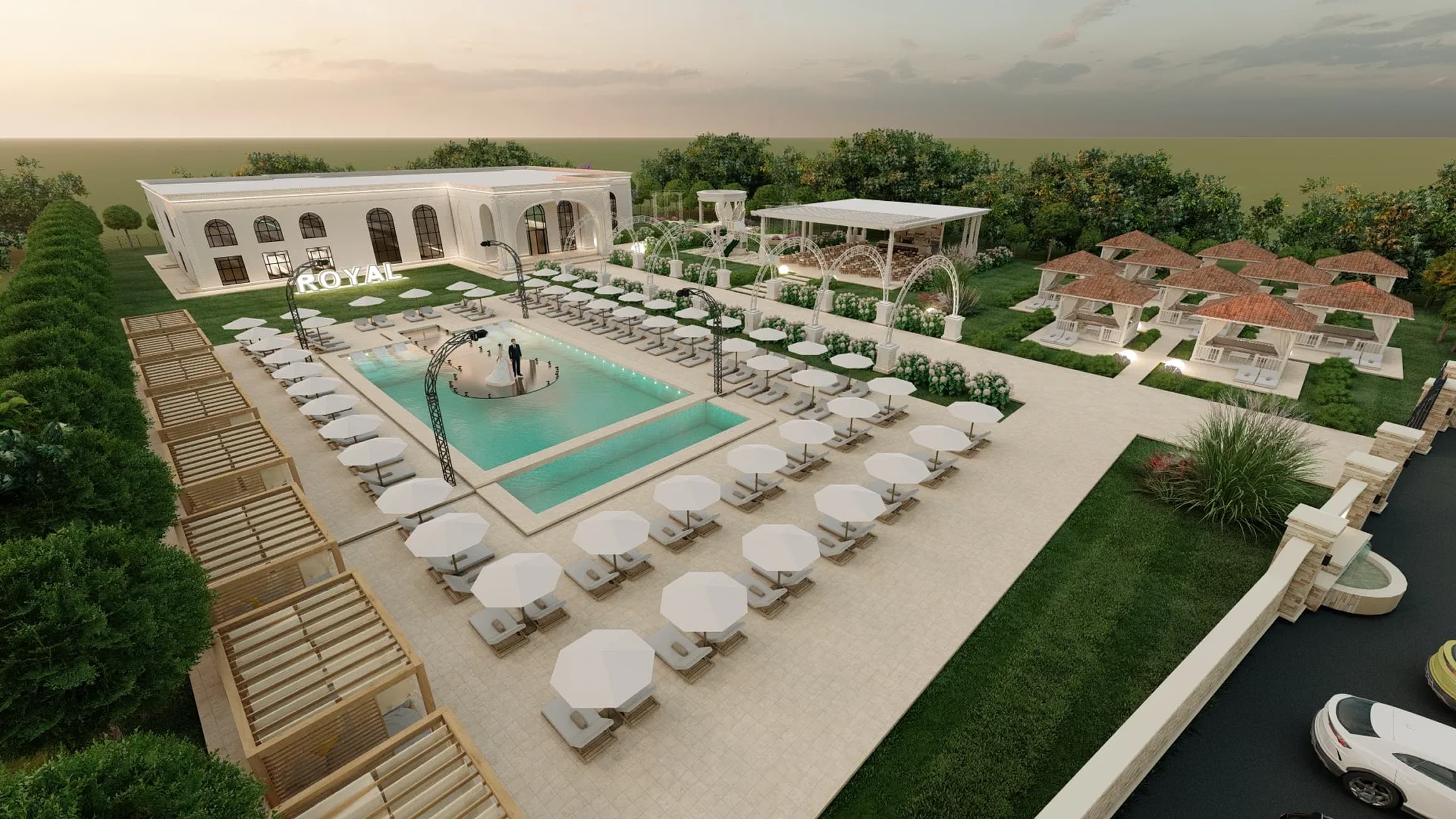 Diamond Ballroom (Iași): piscina cu șezlonguri și clădirea locației văzute de sus
